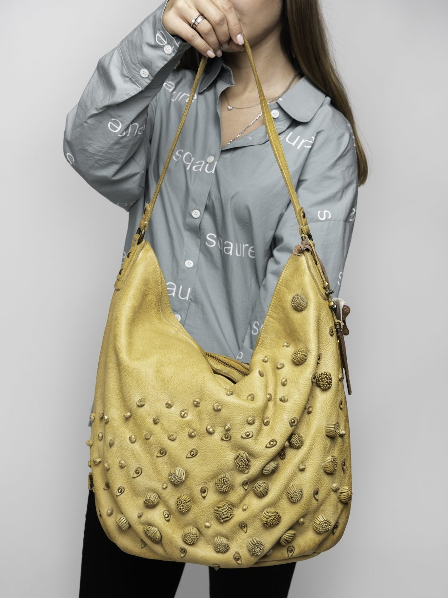 Art N Vintage Garofano Mustard Yellow Leather Textured Medium Hobo Handbag