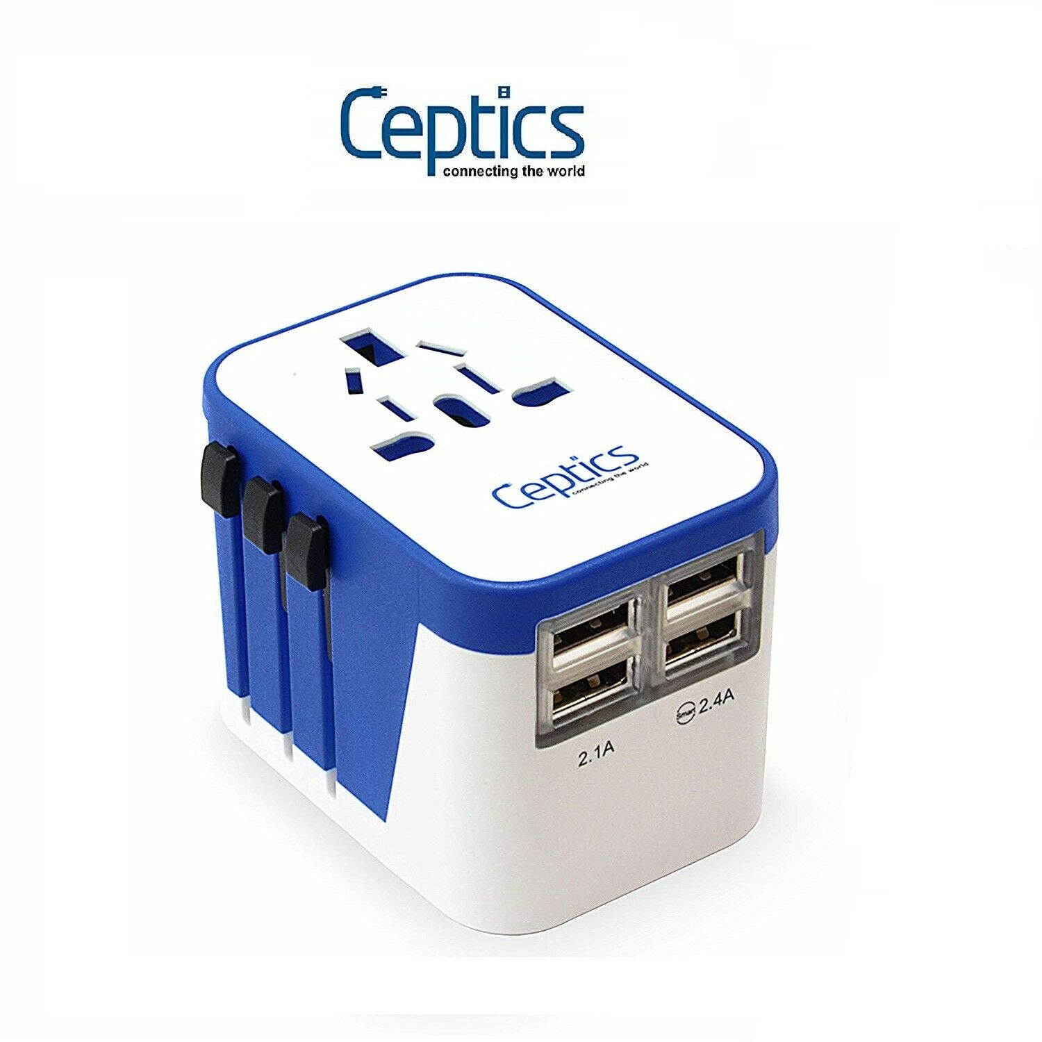 Ceptics Travel Adapter Plug World Power W/ 4 USB Ports - Charge Cell Phones, Smart Watches, iPhones All over the World - For International Europe, China, UK, UAE, Australia - Type A, C, G, I (UP-9KU)