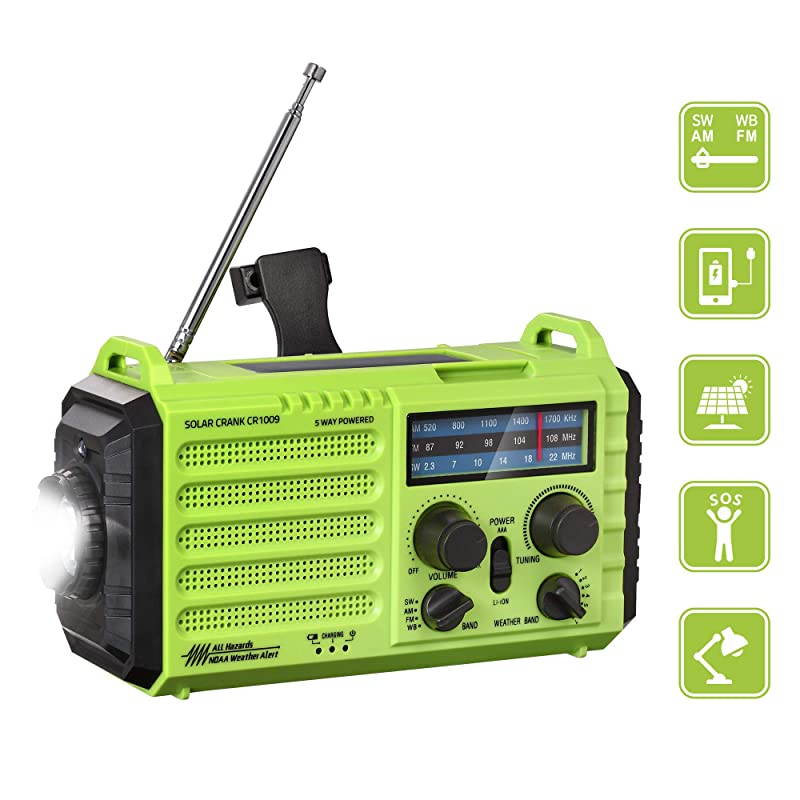 Emergency Hand Crank Portable Radio Solar Power AMFMSWNOAA Weather Radio with 2000mAh Power Bank Phone Charger 3W LED Flashlight Reading Lamp 7 Weather Band SOS Alarm and Compass Green