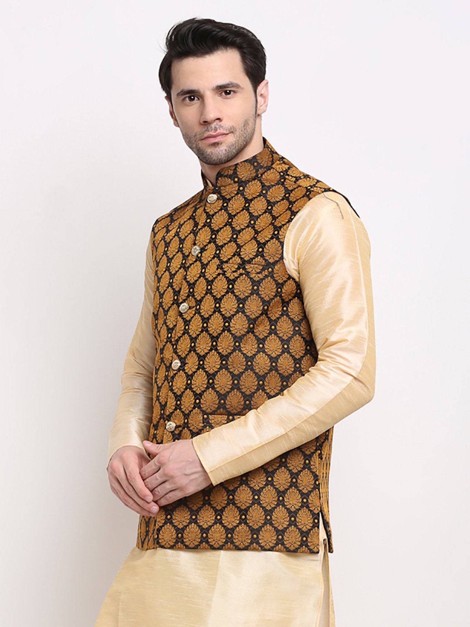 Jompers Black Regular Fit Self Design Nehru Jacket