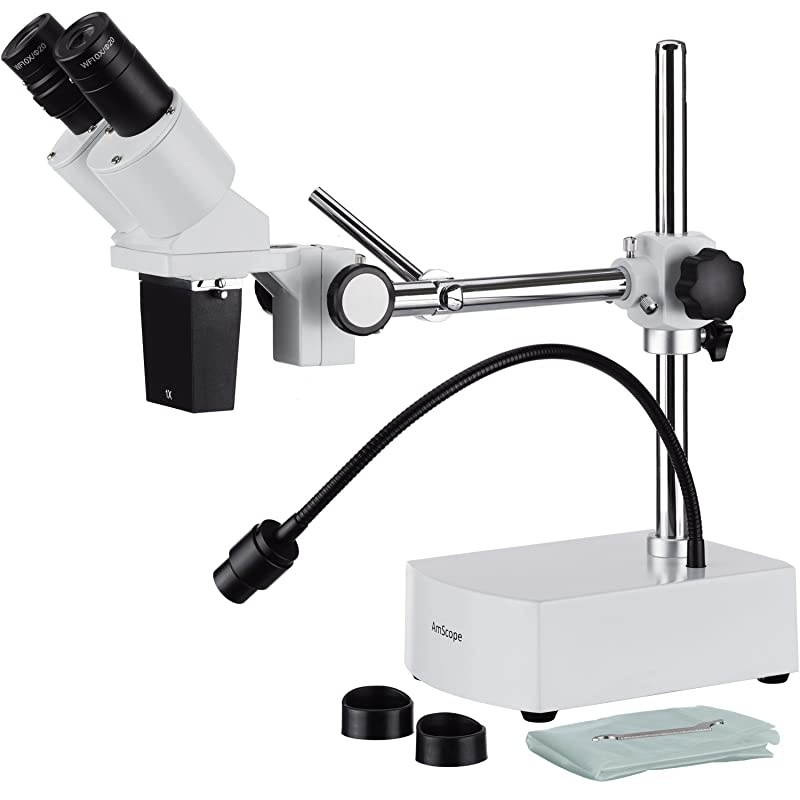 SE400-Z Professional Binocular Stereo Microscope, WF10x and WF20x Eyepieces, 10X and 20X Magnification, 1X Objective, LED Lighting, Boom-Arm Stand, 110V-120V