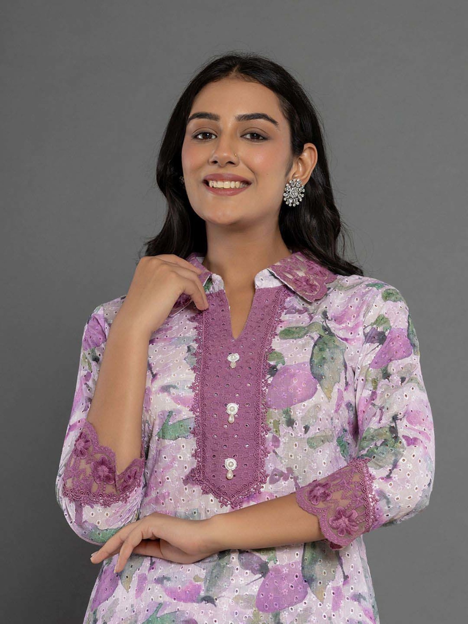 Yufta Purple Cotton Printed Tunic Pant Set