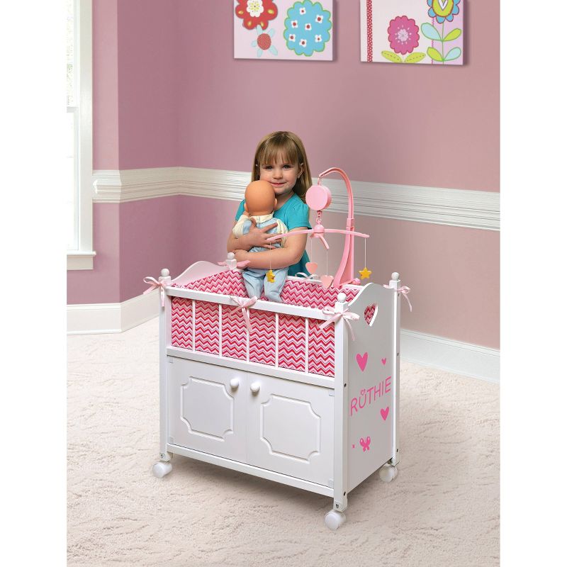 Badger Basket Cabinet Doll Crib with Chevron Bedding and Free Personalization Kit - White/Pink