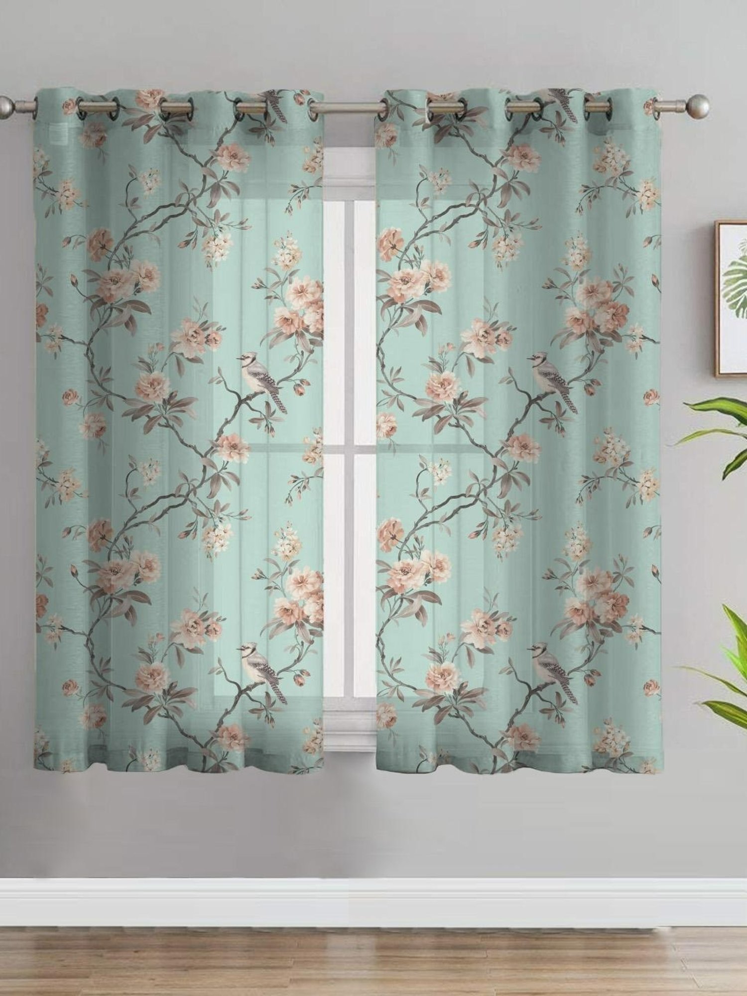 SPACES DRAPE STORY Elegent Floral Light Blue Polyester 5 ft Window Curtains - Set of 2