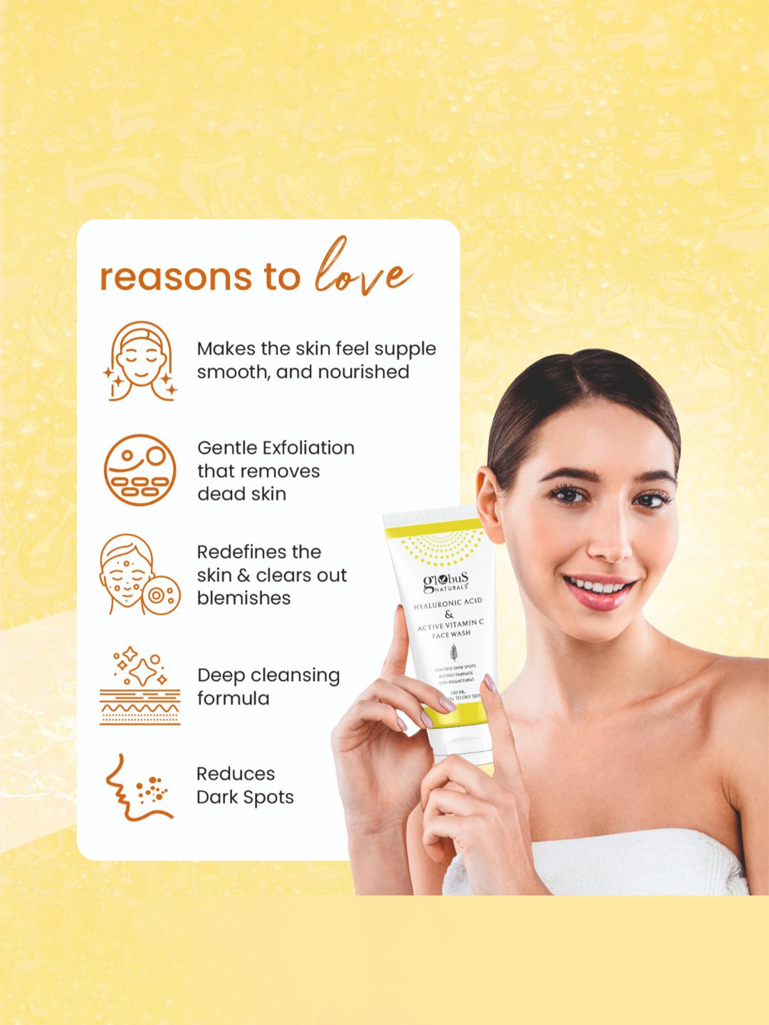 Globus Naturals Hyaluronic Acid & Active Vitamin C Face Wash - 100 ml