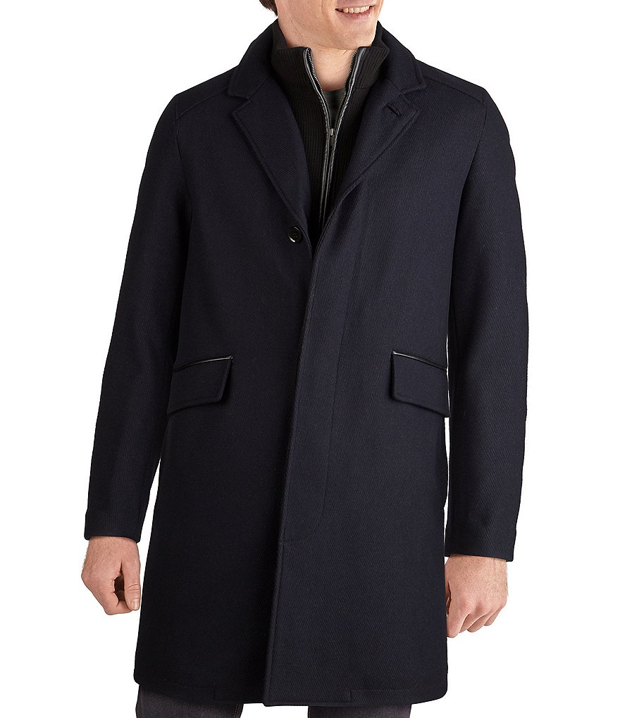 Cole Haan Faux Leather Trim Knit-Bib Wool/Twill Coat