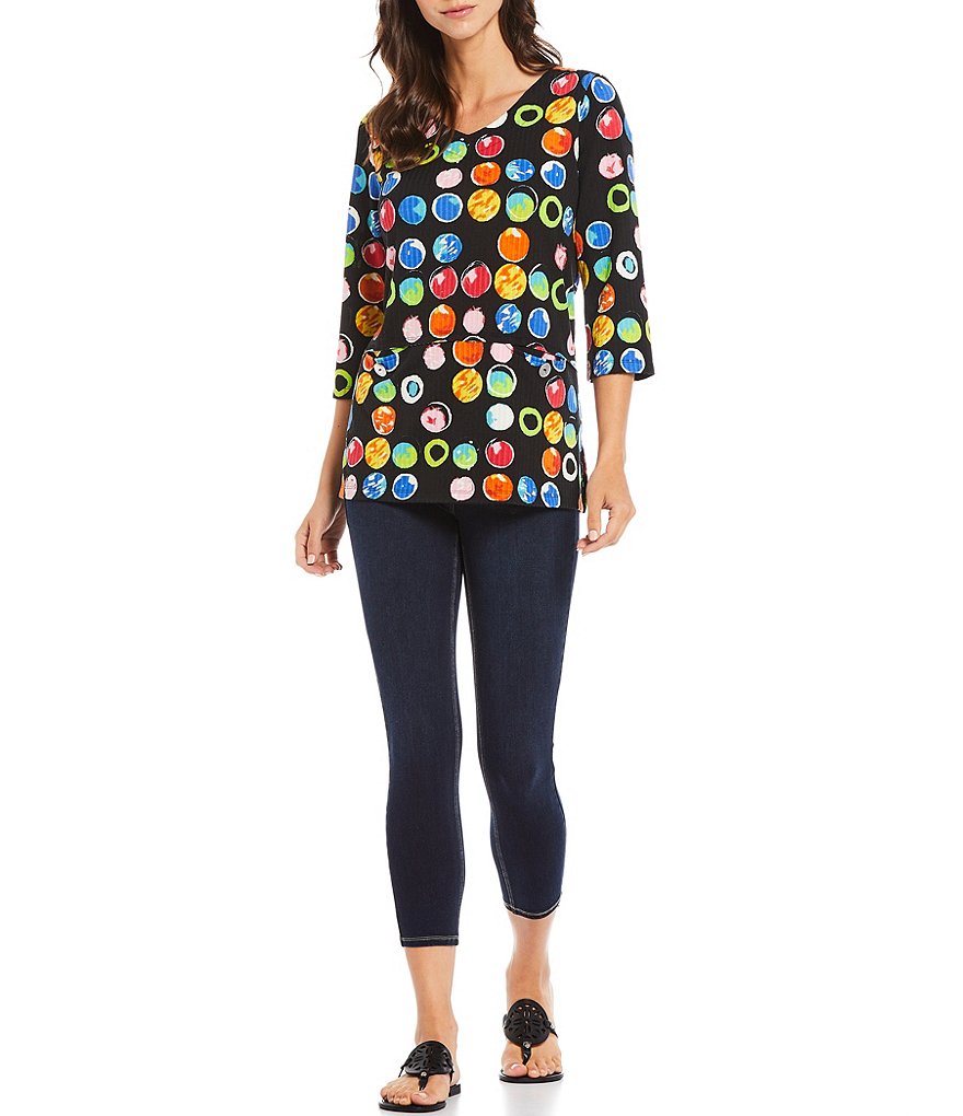 Ali Miles Petite Size Bright Dot Printed Rib Knit 3/4 Sleeve Pocket Tee