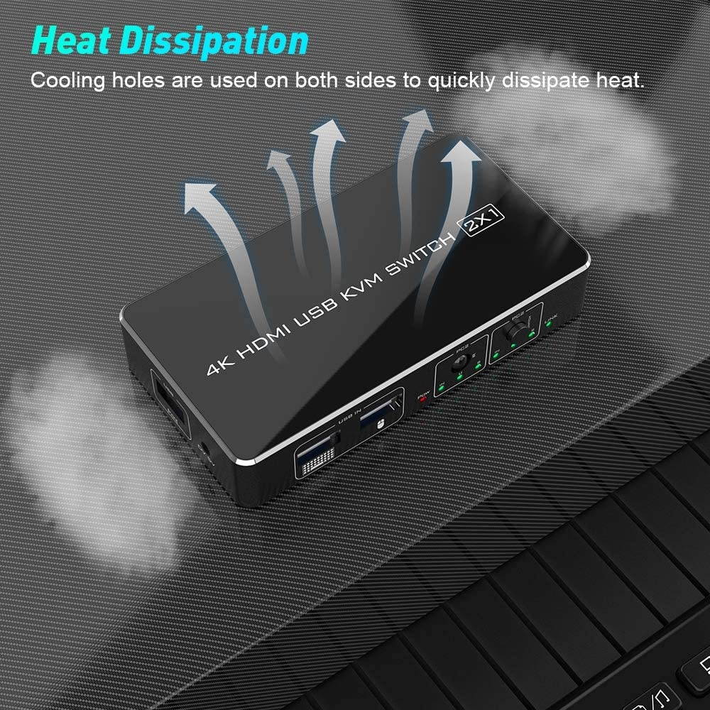 Eletrand HDMI KVM Switch 2 Port in 1 Port Out Sharing 2 Computers with One Keyboard Mouse Monitor HUD 4K (3840x2160) USB KVM Hotkey Metal Switch with USB Cable for Wireless Keyboard and Mouse