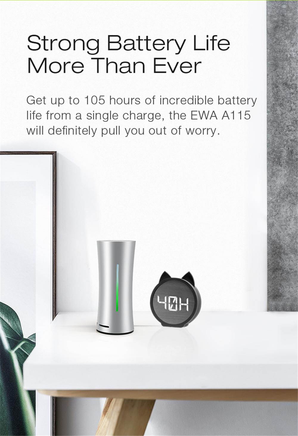 EWA A115 Super Battery 105-hours Playtime Bluetooth Speaker Built-in 6000mAh Rechargeable Battery Great Sound & Bass Handy with Small Bag (Black)