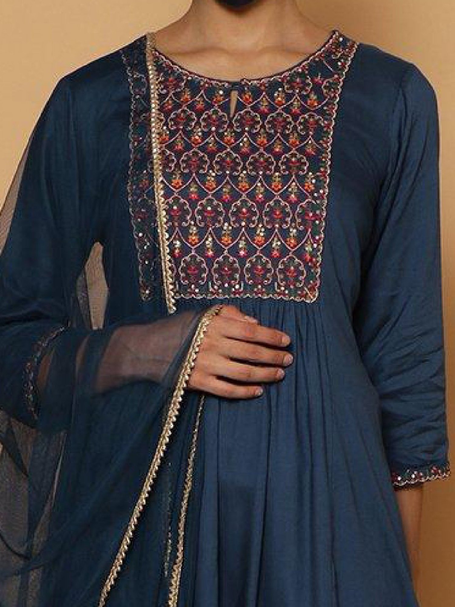Biba Blue Embellished Kurta With Pant & Dupatta