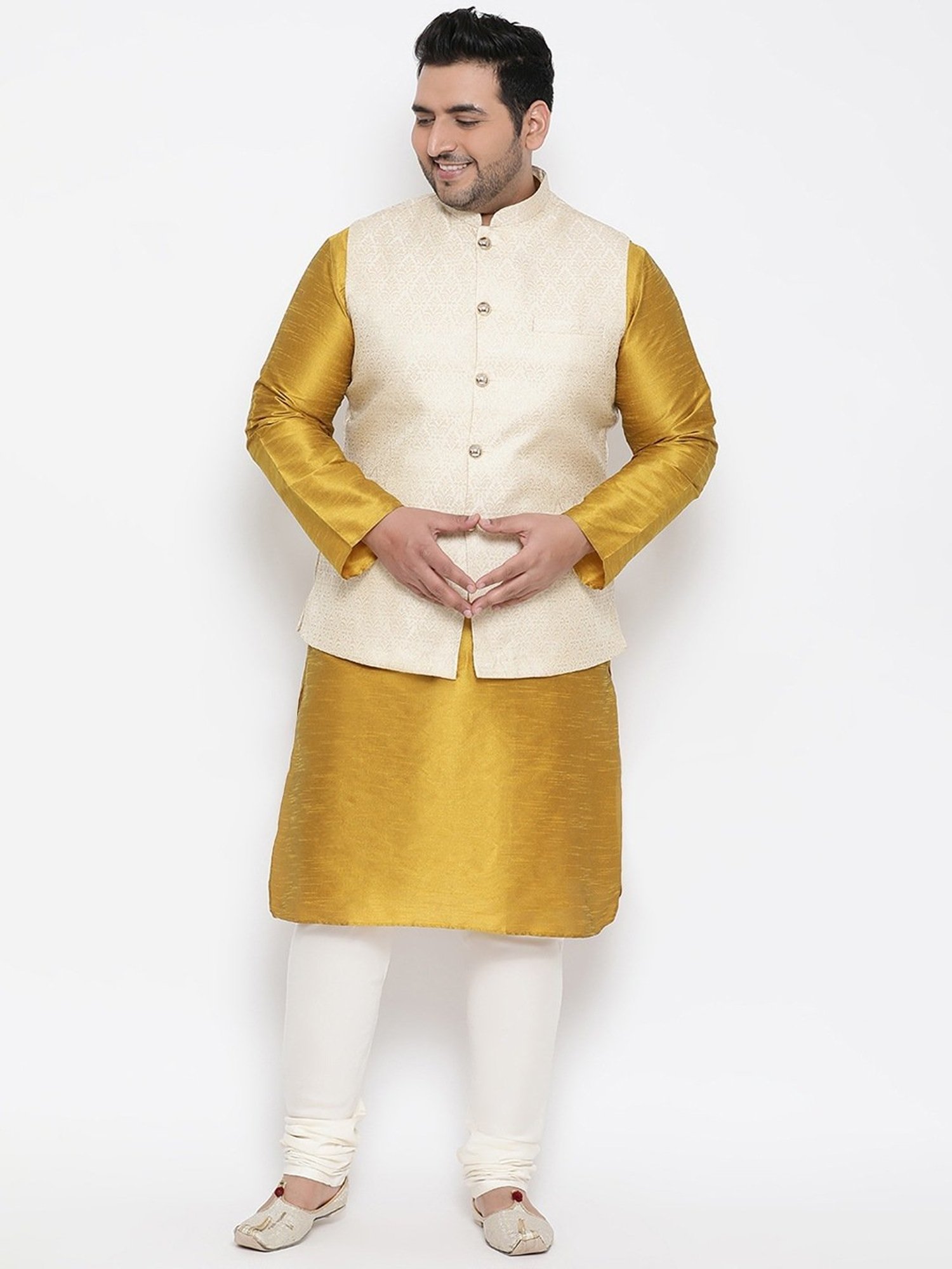 KISAH PLUS Beige Regular Fit Jacquard Kurta Set With Jacket