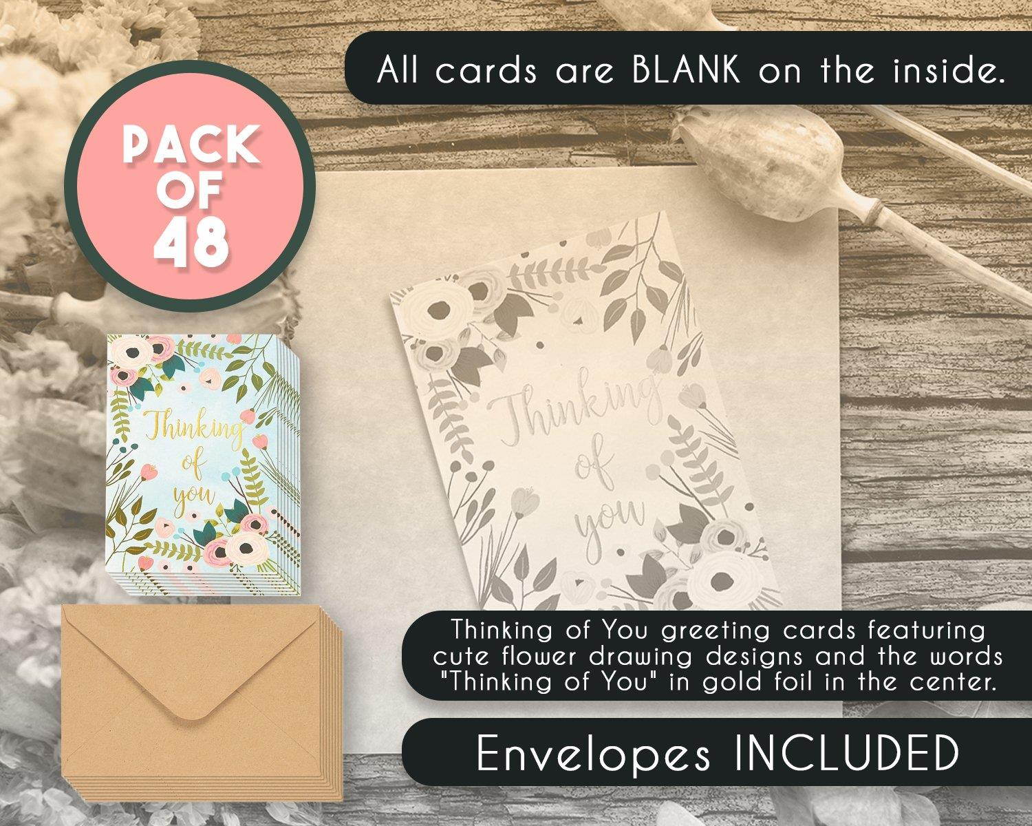 48-Pack Thinking of You Note Cards - Bulk Box Set - Blank on the Inside - Colorful Flower Designs with Gold Foil Print - Includes 48 Greeting Cards and 48 Envelopes - 4 x 6 Inches