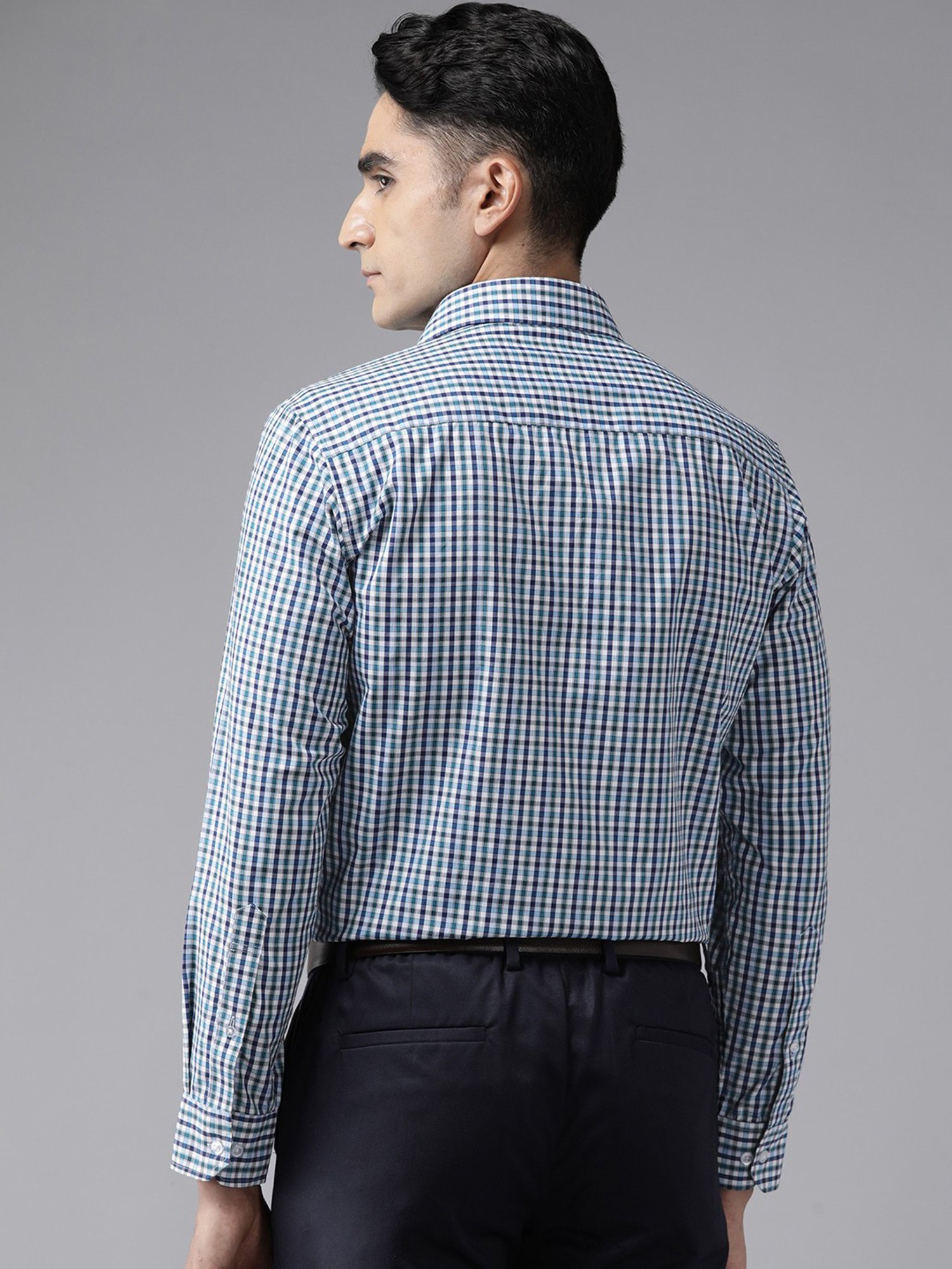 English Navy Navy Blue Slim Fit Checks Shirts