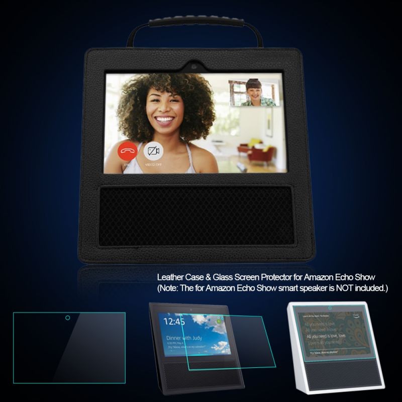 High-quality Leather Case Lightweight Protection Cover Soft Protector with Glass Screen Protector Wipes Handle Mesh Blank Design for Amazon Echo Show Smart Speaker