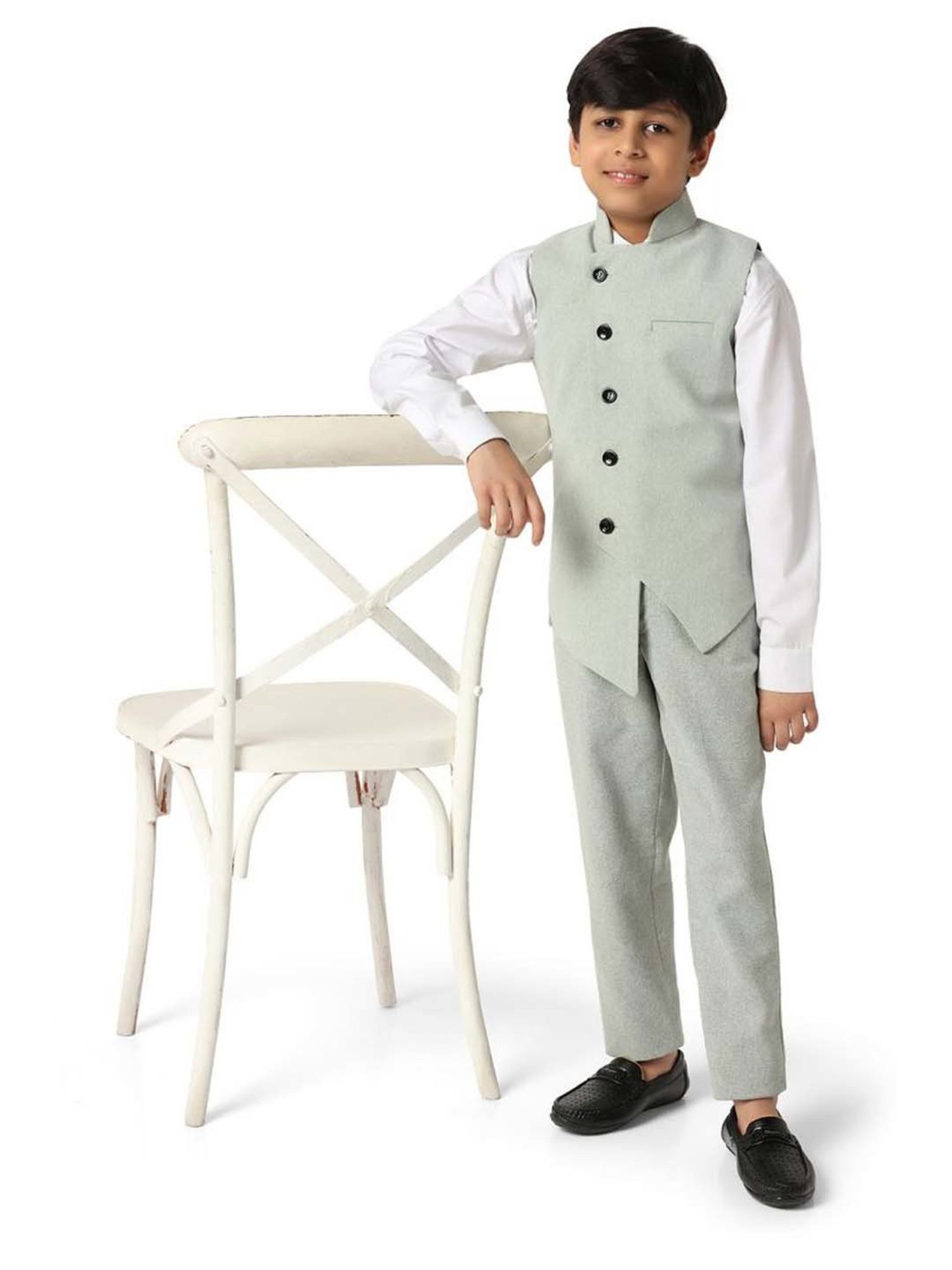 TAHVO Kids Green & White Slim Fit Shirt Set