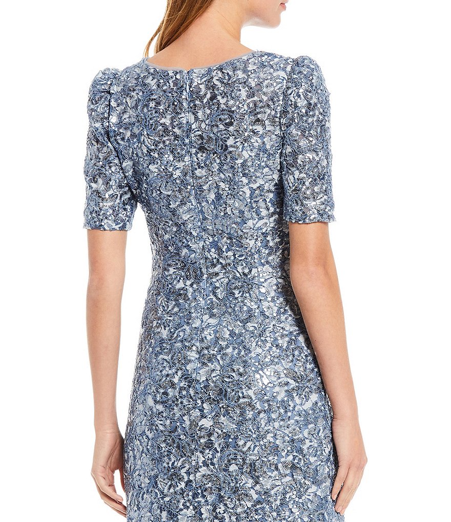 Xscape Short Ruched Puff Shoulder Boat Neck Gown