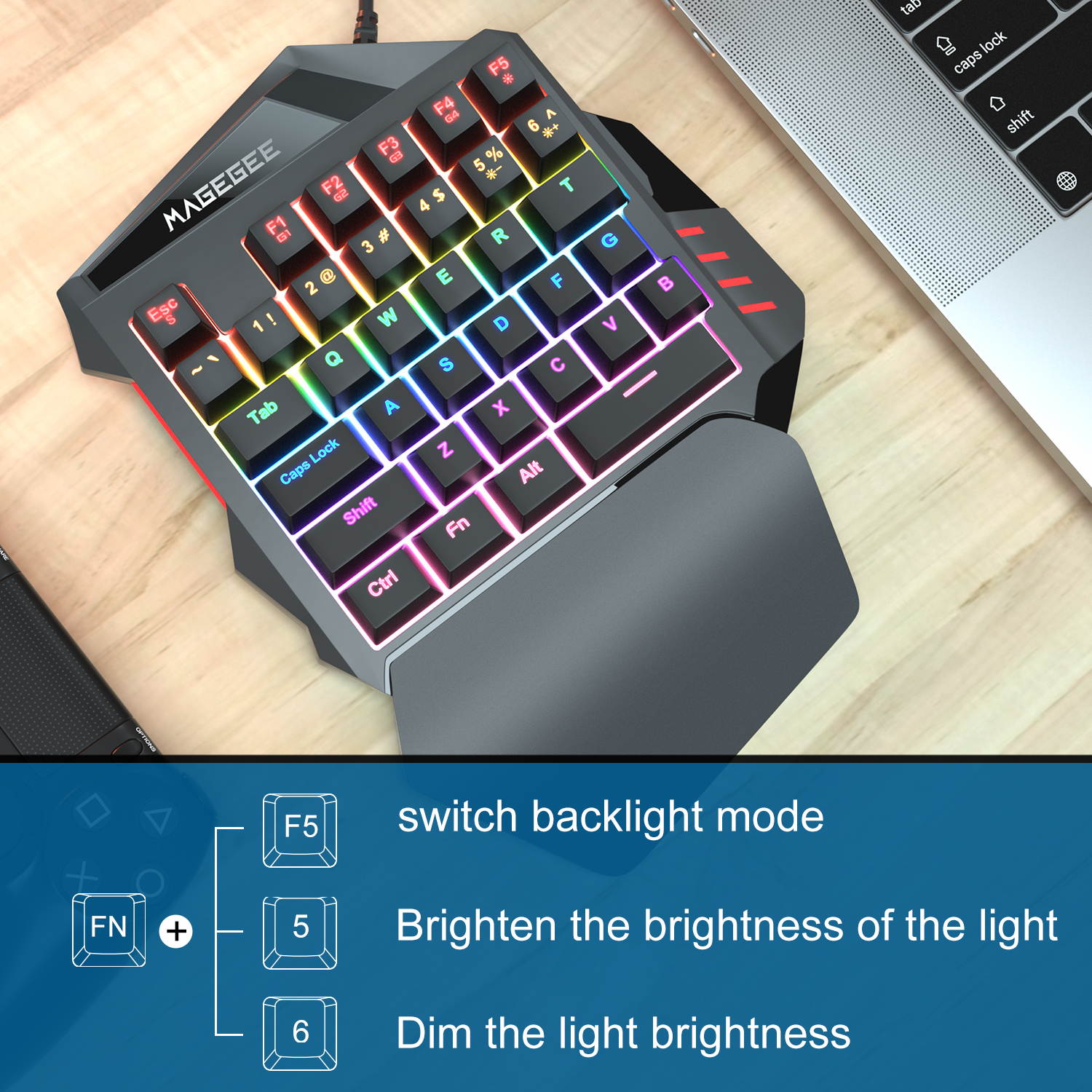 One-Handed Mechanical Gaming Keyboard, MageGee MK-AXE 35 Keys Rainbow Backlit Wired Keyboard, Blue Switches, Support Wrist Rest, Portable Mini Gaming Keypad with Programmable Keys Macro Recording