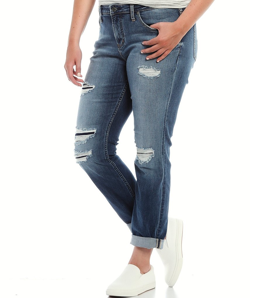 Silver Jeans Co. Plus Size Beau Destructed Detail Slim Leg Girlfriend Jeans
