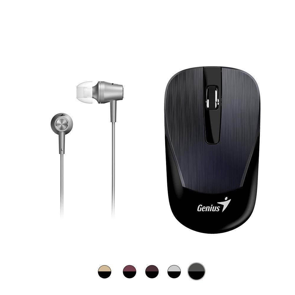 Genius Mobile Package MH-8015 [Business] - Wireless Smart Mouse & in-Ear Headset Combo for Mobility Users, Stylish Brushed Metal Look, ECO-Friendly Rechargeable, No Pairing, Plug & Play - Iron Gray