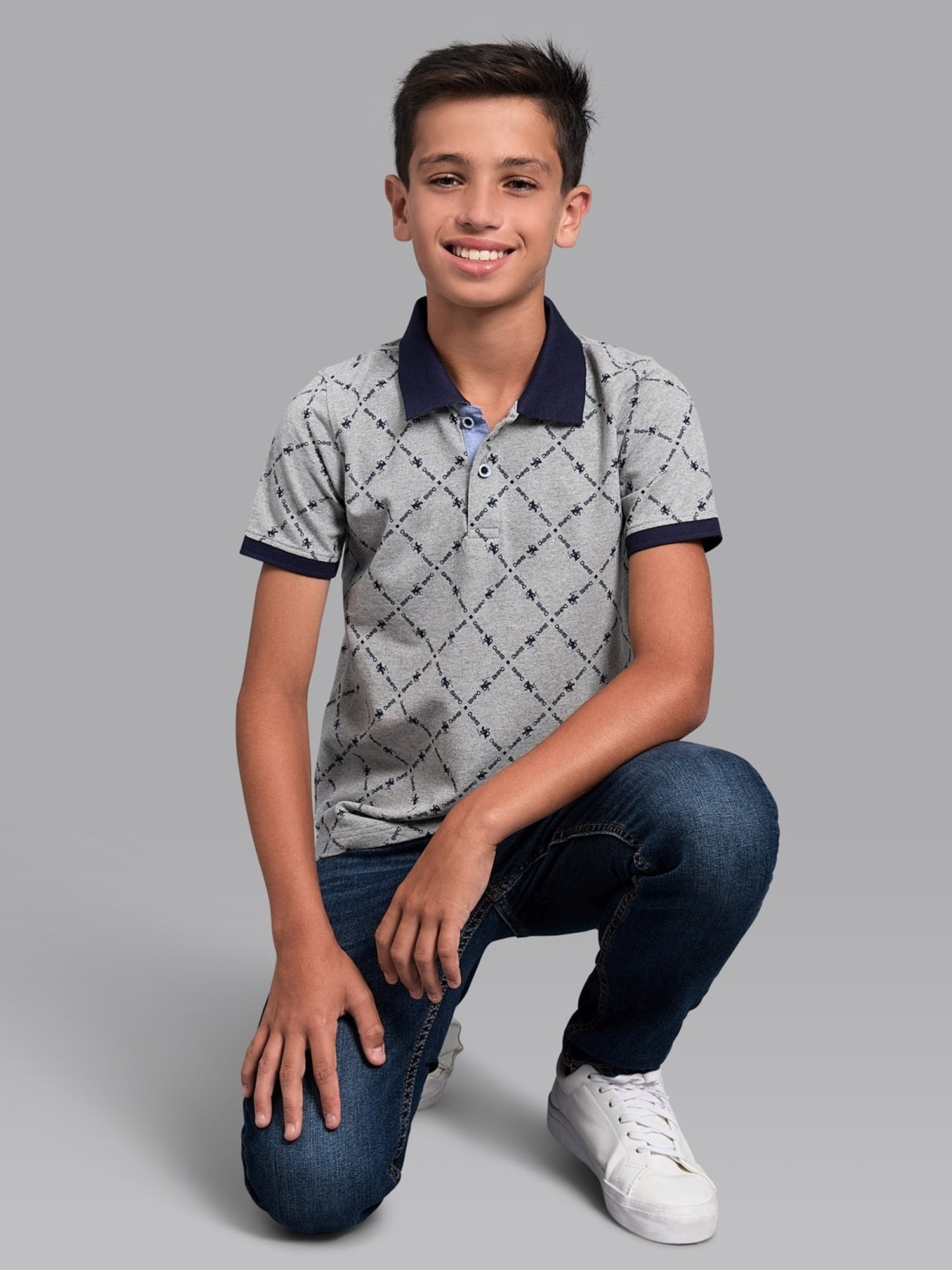 Beverly Hills Polo Club Kids Grey Cotton Printed Polo T-Shirt