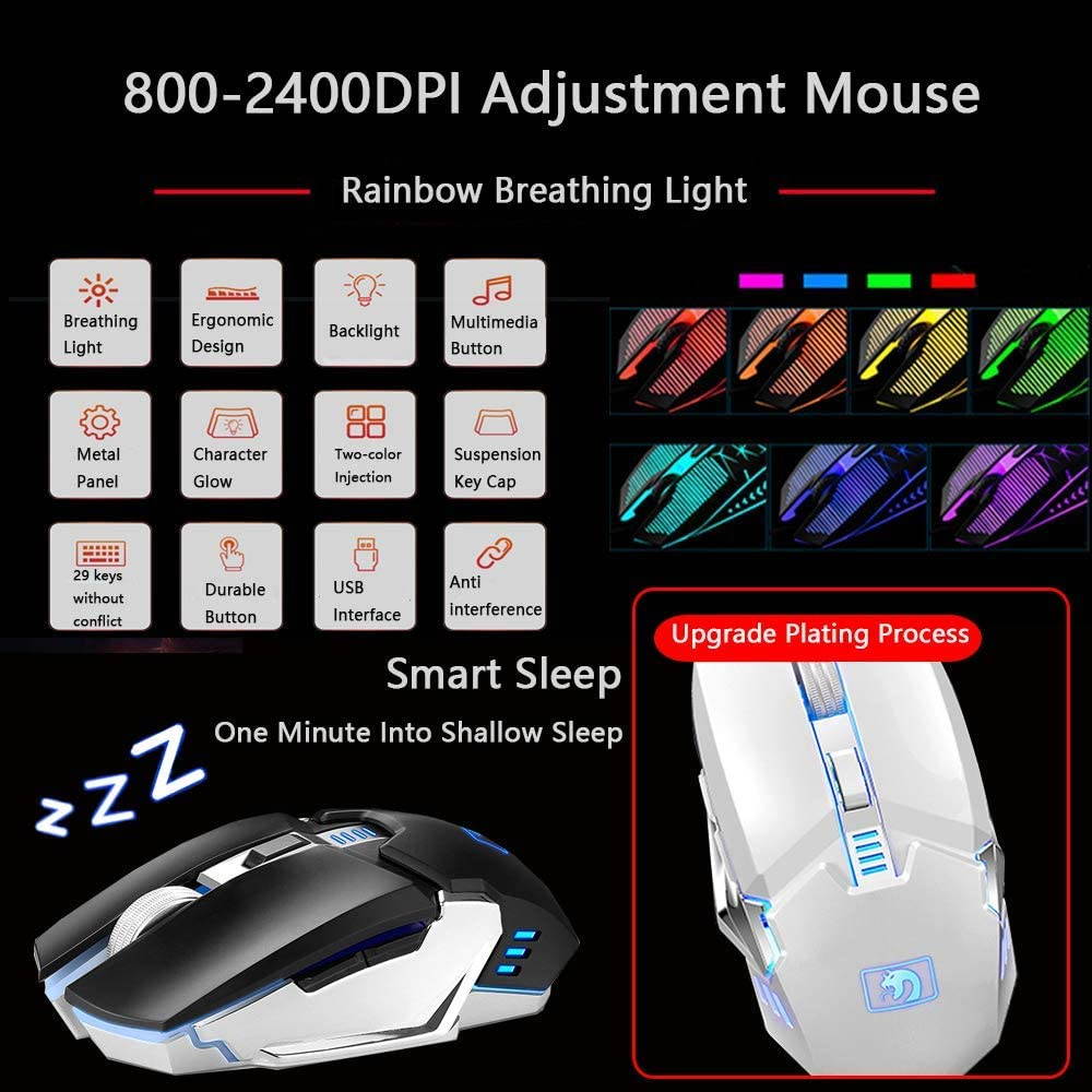 Wireless Gaming Keyboard and Mouse,Rechargeable16 Kinds RGB LED Backlit  Keyboard Mouse with 4800mAh Battery Metal Panel,Mechanical Feel and Gaming Mute Mouse for Computer Gamers