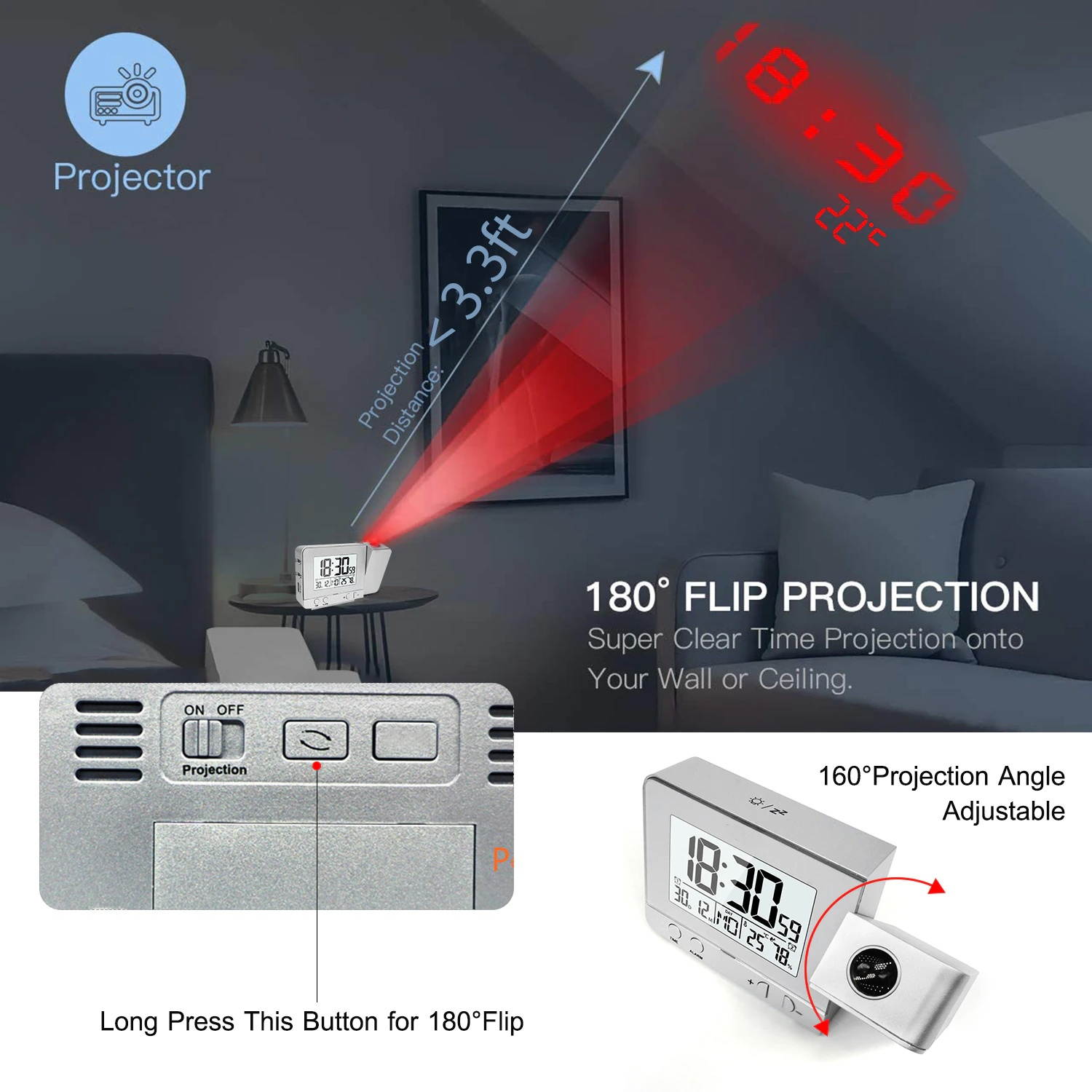 Projection Alarm Clock for Bedroom with Thermometer Hygrometer Digital Project Ceiling Clock Dimmablewith Charger
