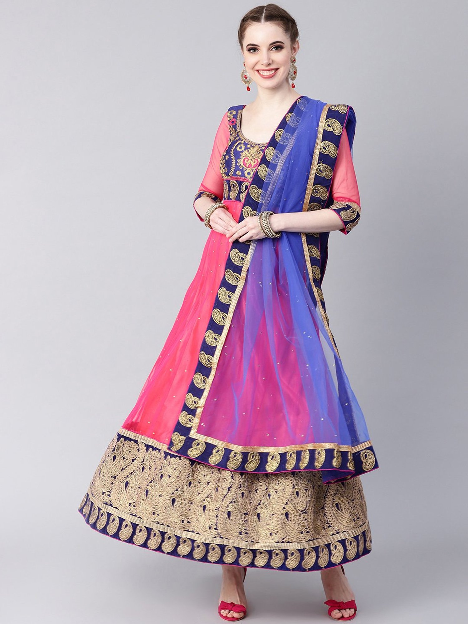 Chhabra 555 Pink & Blue Embroidered Made-To-Measure Kurti Churidar Set With Dupatta