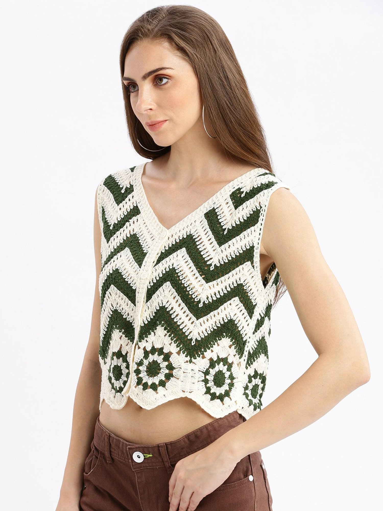 SHOWOFF Green & White Self Design Crop Shrug