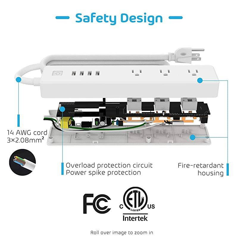 Smart Power Strip Compatible with Apple HomeKit Siri Alexa Google Home and SmartThings WiFi Surge Protector with 3 AC Outlets 4 USB Ports and 6ft Extension Cord Voice and Remote Control