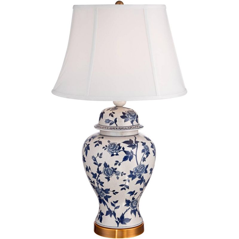 Barnes and Ivy Traditional Table Lamp Crackle Ceramic Blue and White Rose Vine Temple Jar White Bell Shade for Living Room Family
