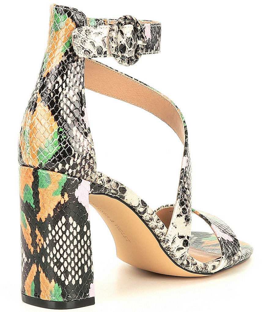 Chelsea & Violet Brea Snake Print Leather Block Heel Strappy Sandals
