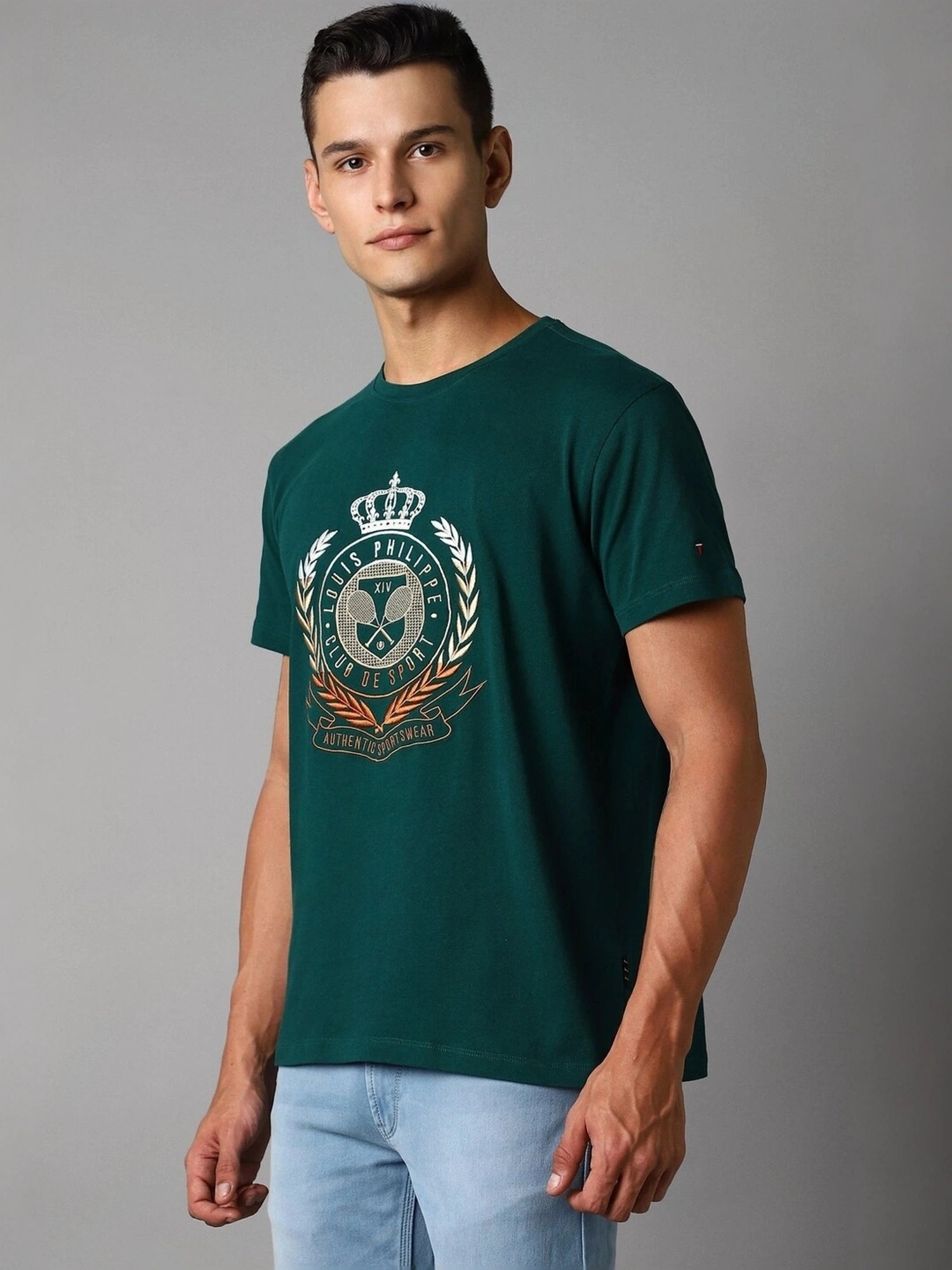 Louis Philippe Green Cotton Slim Fit Printed T-Shirt