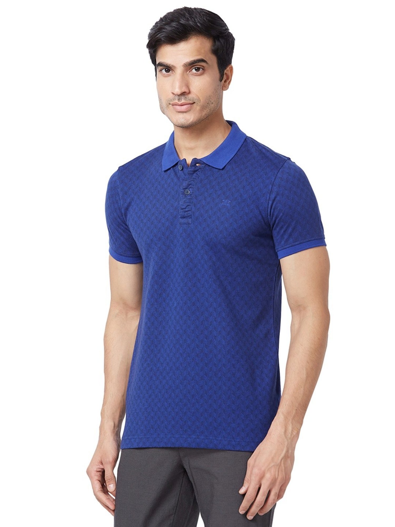 ColorPlus Blue Cotton Tailored Fit Checks Polo T-Shirt