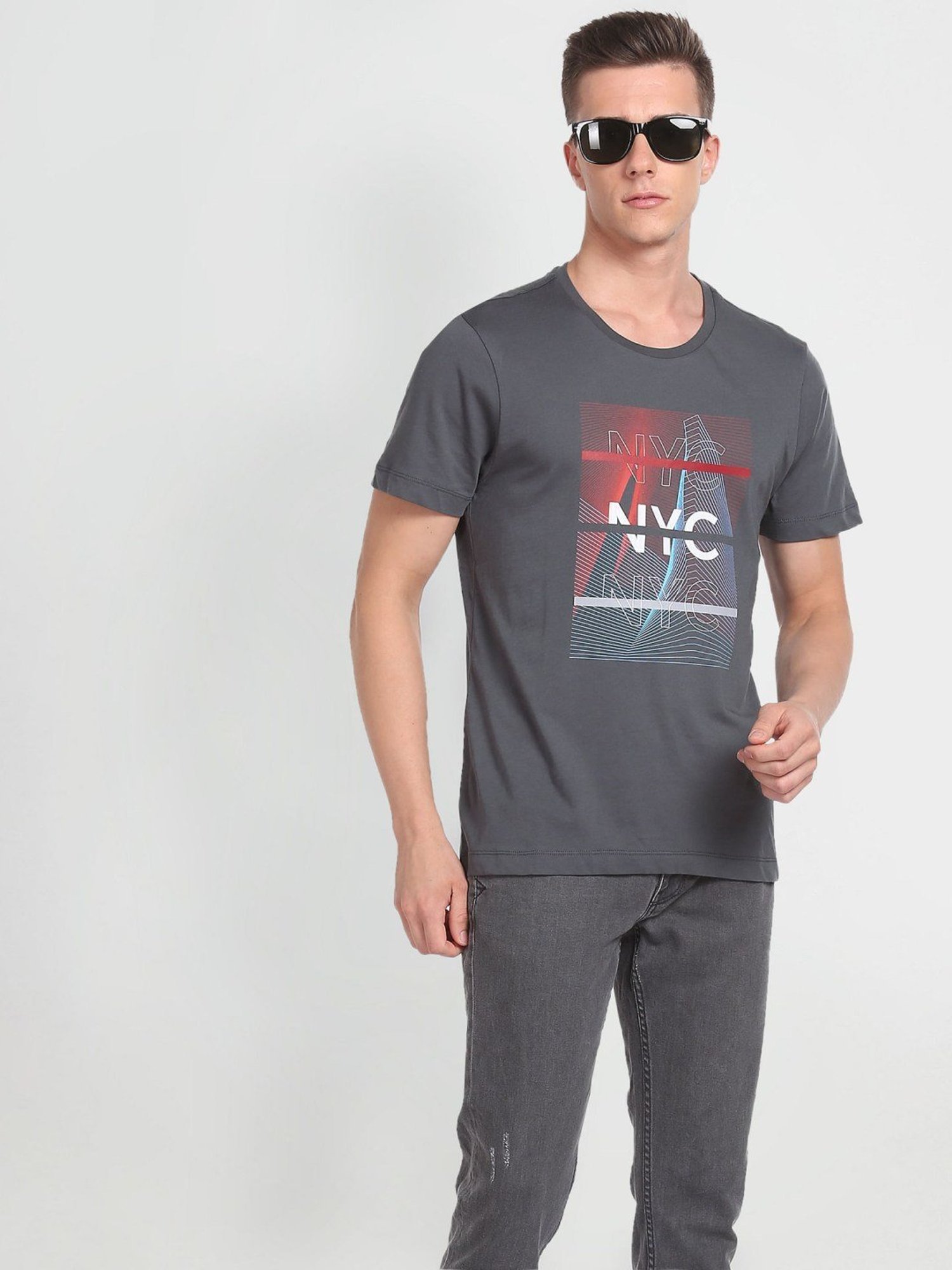 Arrow New York Grey Cotton Regular Fit Printed T-Shirt