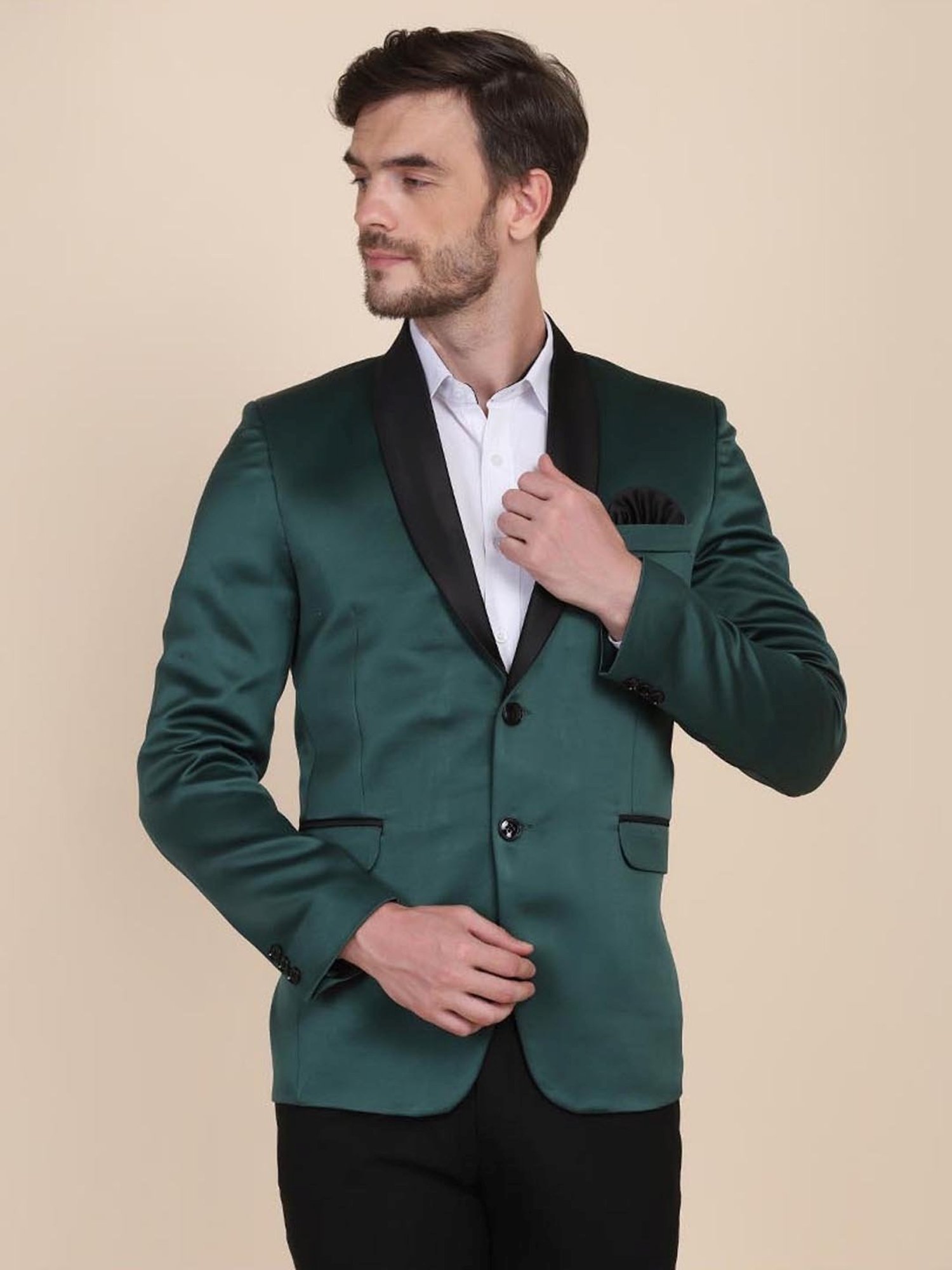 TAHVO Green & Black Cotton Slim Fit Blazer