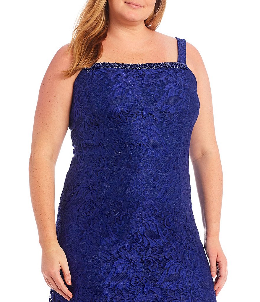 Le Bos Plus Size Square Neck 3/4 Sleeve Beaded Lace 2-Piece Jacket Dress