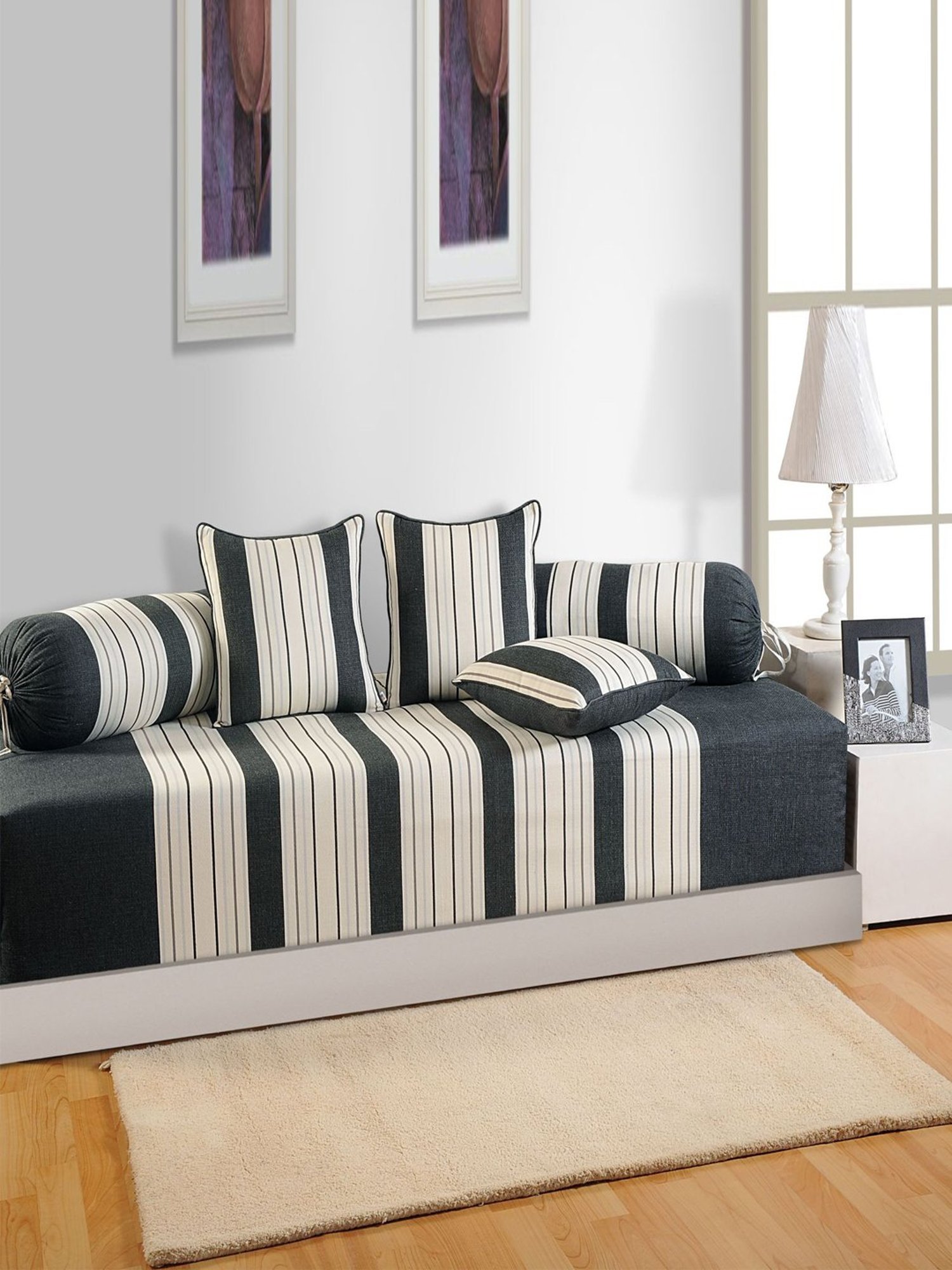 Living Roots Printed Grey 300 TC Cotton Single Diwan - Set of 8