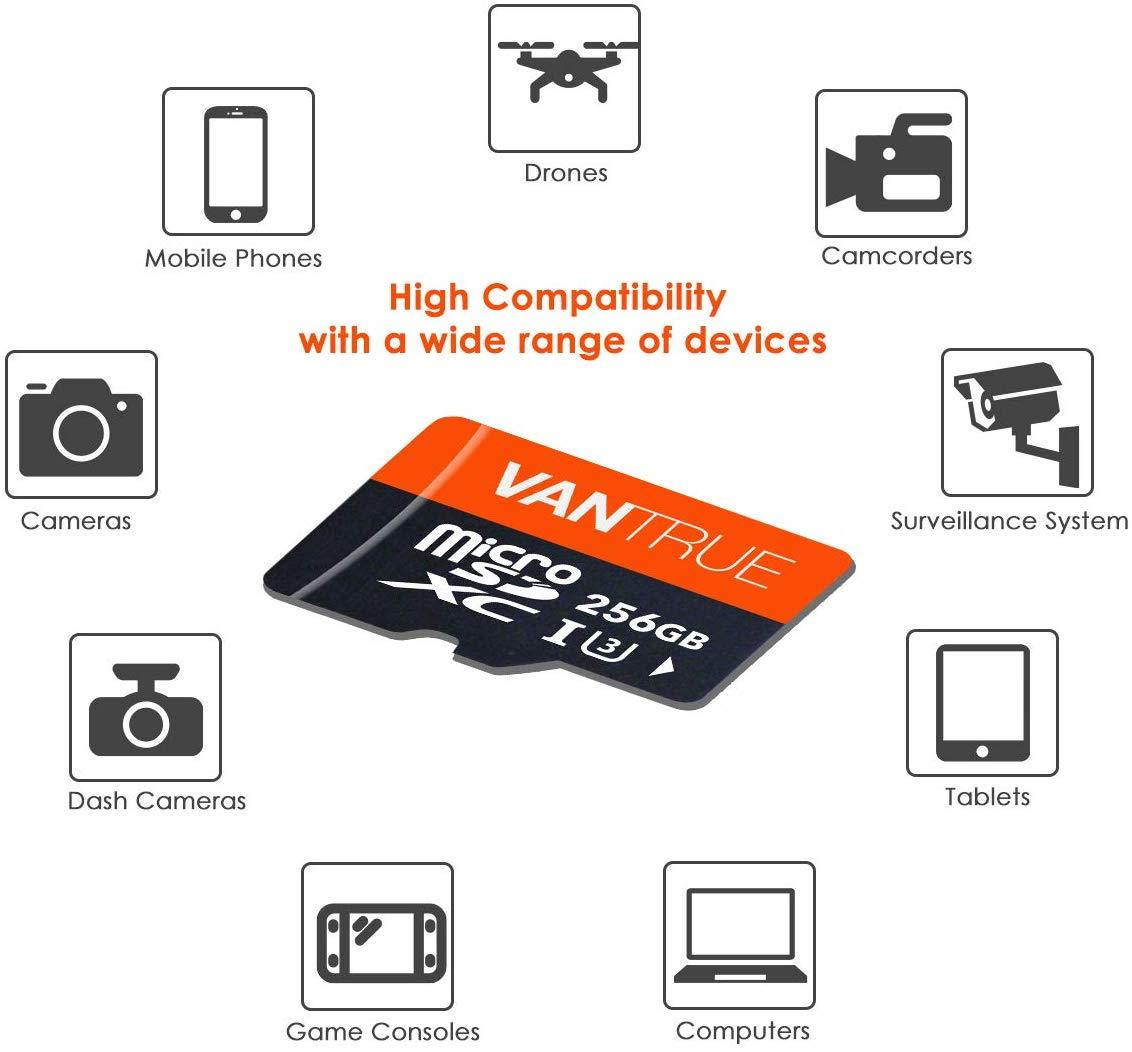 Vantrue 256GB MicroSDXC UHS-I U3 V30 Class 10 4K UHD Video High Speed Transfer Monitoring SD Card with Adapter for Dash Cams, Body Cams, Action Camera, Surveillance & Security Cams