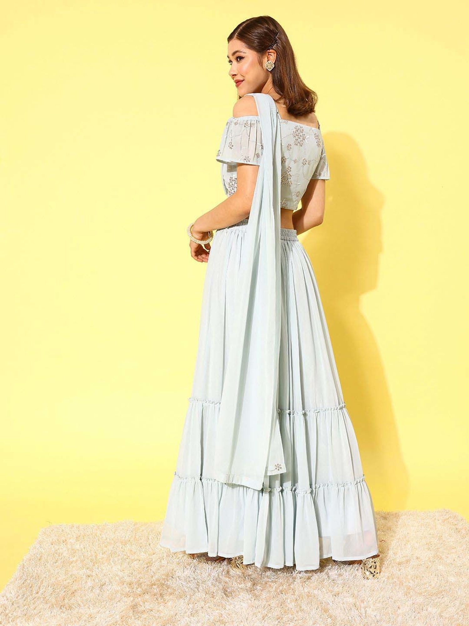 Libas Blue Embellished Lehenga & Choli Set With Attached Dupatta