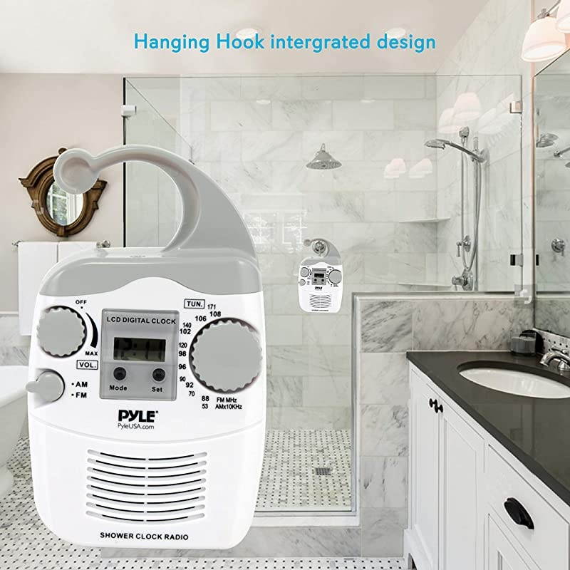 Hanging Waterproof Shower Clock Radio Wireless Mini Portable Waterproof Battery Operated Shower Radio Speaker w Digital Clock LCD Screen for Home Beach Hot Tub Bathroom Outdoor  PSR6
