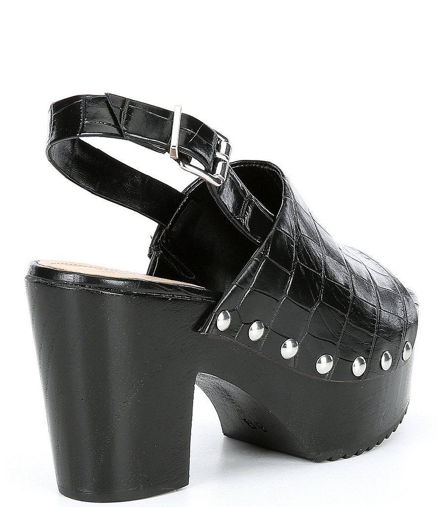 Schutz Yeda Croco Print Studded Leather Platform Block Heel Slingback Clog Sandals