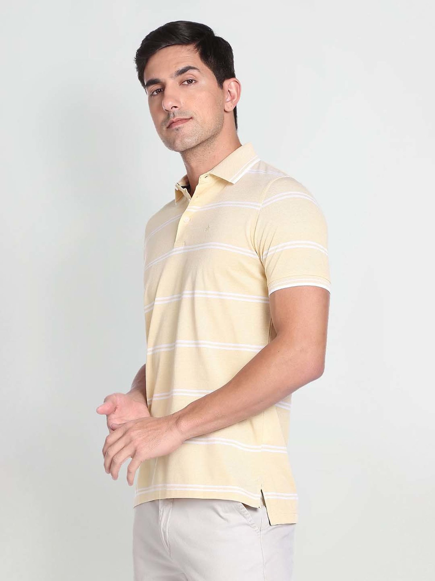 Arrow Yellow Regular Fit Striped Polo T-Shirt