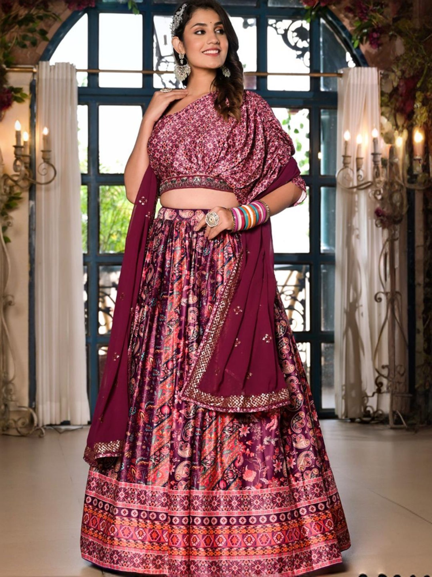 Odette Purple Printed Lehenga Choli Set With Dupatta