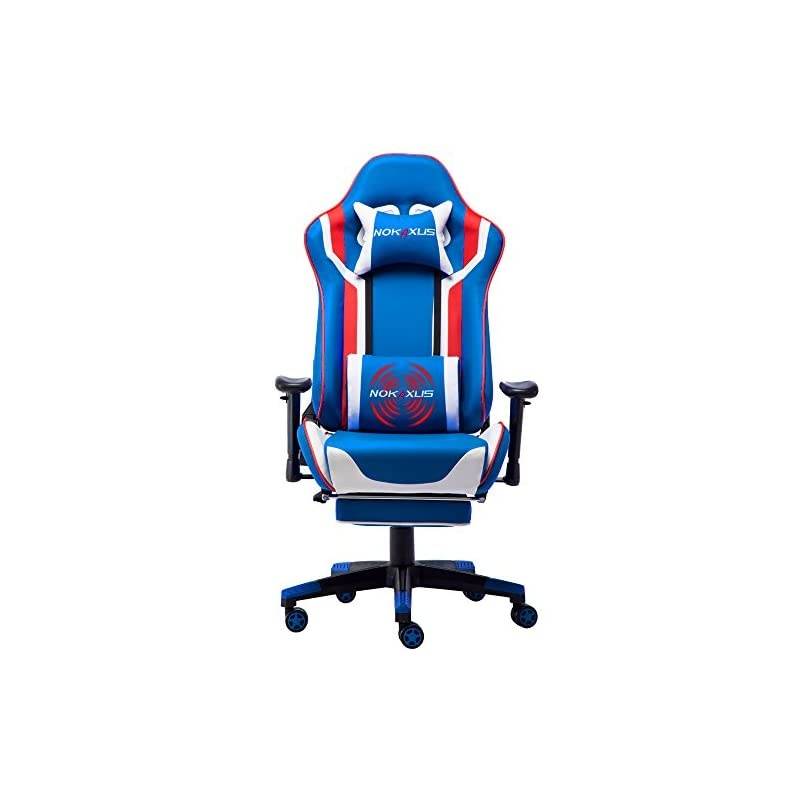 Gaming Chair Large Size High-Back Ergonomic Racing Seat with Massager Lumbar Support and Retractible Footrest PU Leather 90-180 Degree Adjustment of backrest Thickening sponges (YK-6007-BLUE)