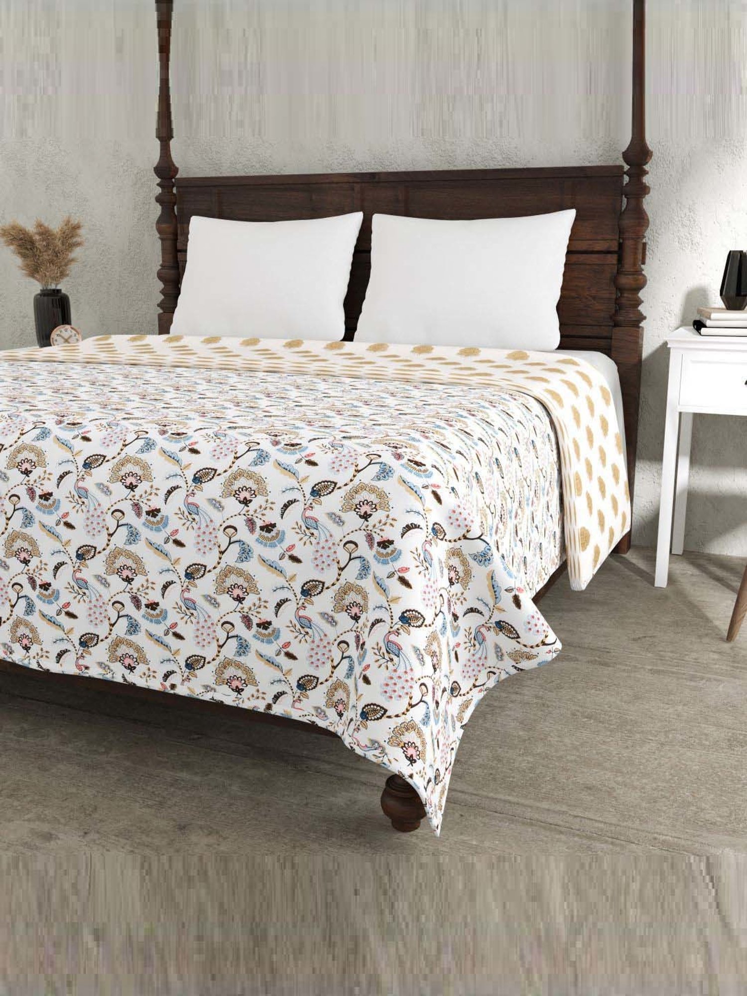 Haus & Kinder Cambric Floral Green & Yellow Cotton Single Reversible Dohar