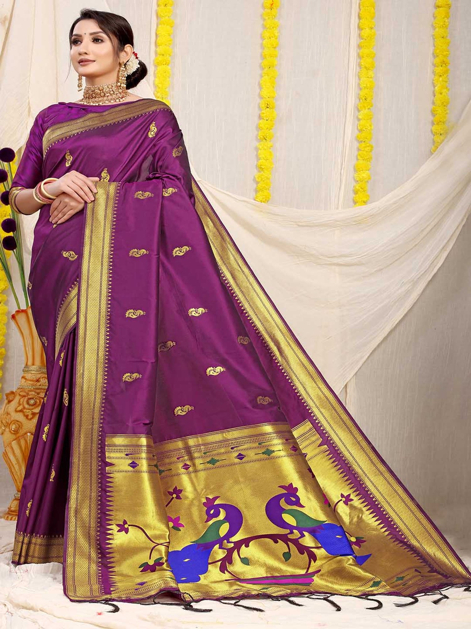 SHUBHKALA Purple Silk Woven Saree With Unstitched Blouse