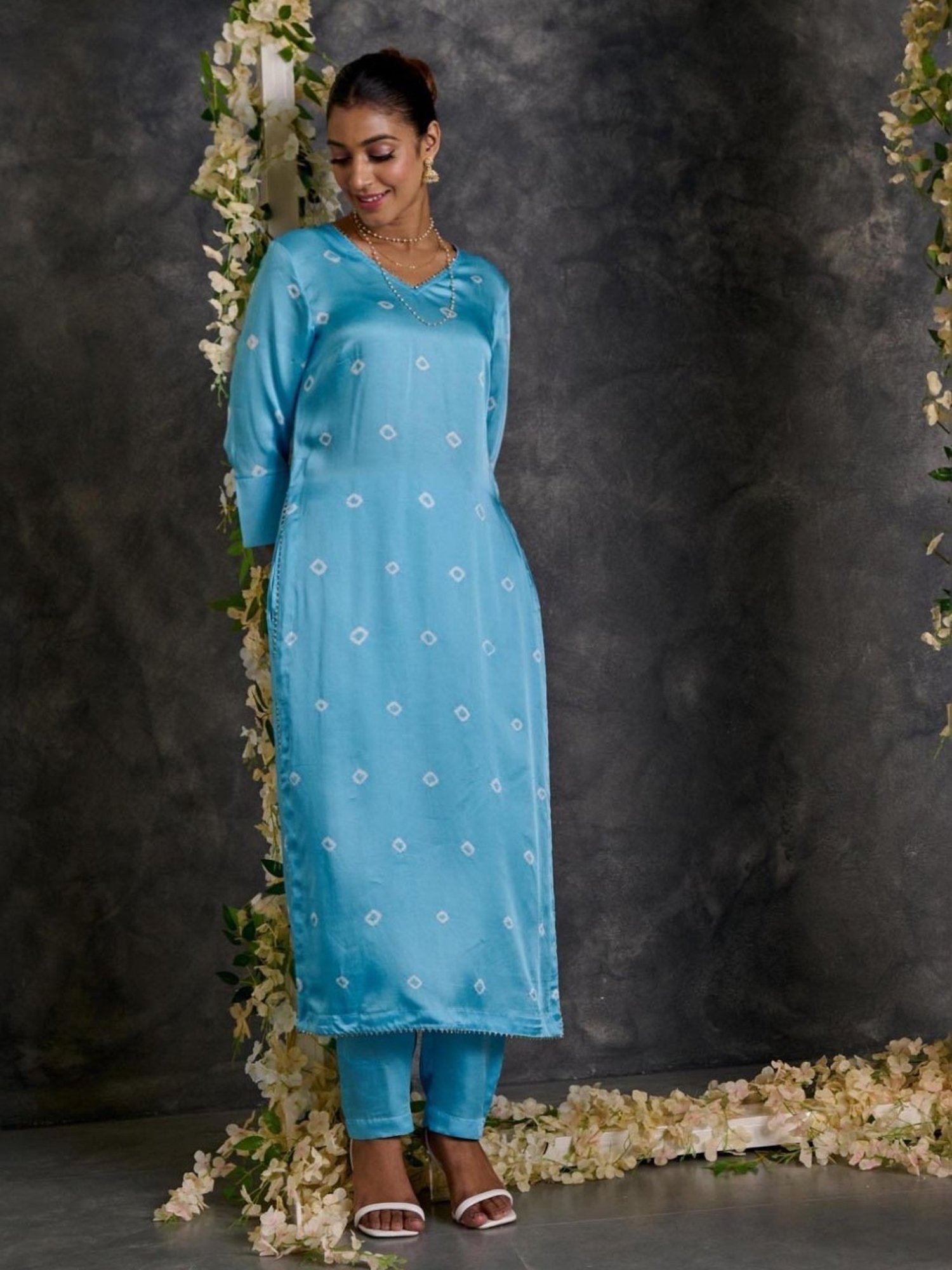 Gulaal Blue Bandhani High Slit Modal Satin Kurta and Pant with Dupatta