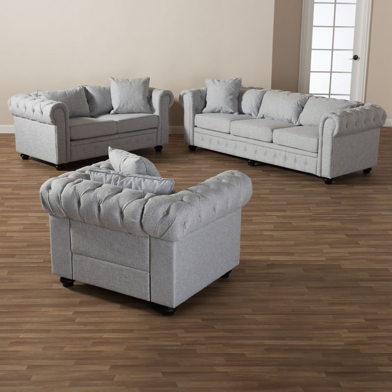 3pc Baxton Studio Alaise Modern Classic Linen Tufted Scroll Arm Chesterfield Living Room Set Gray