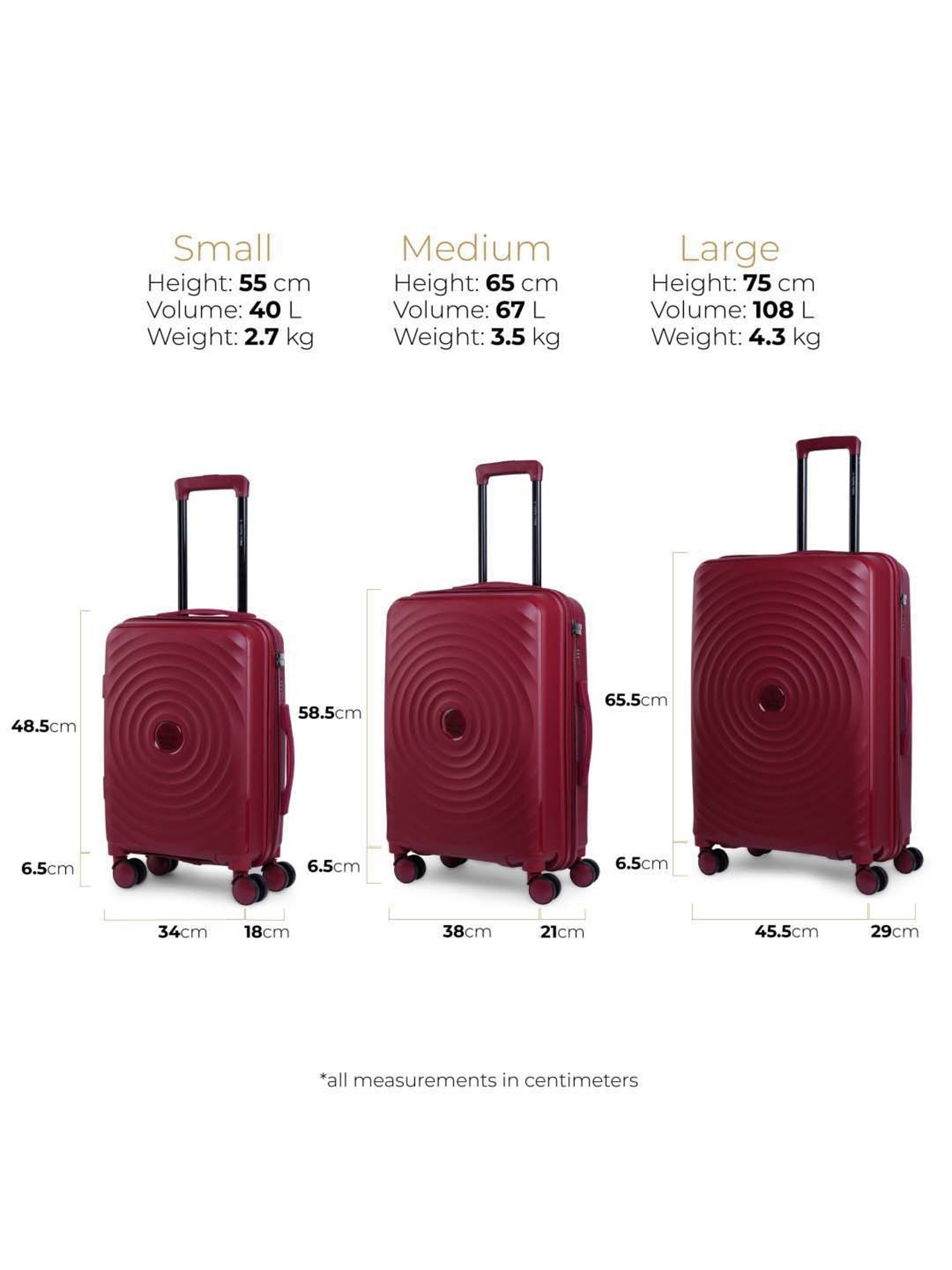 Nasher Miles Goa Hard-sided Polypropylene Luggage Set of 3 Maroon Trolley Bags (55, 65 & 75 Cm)