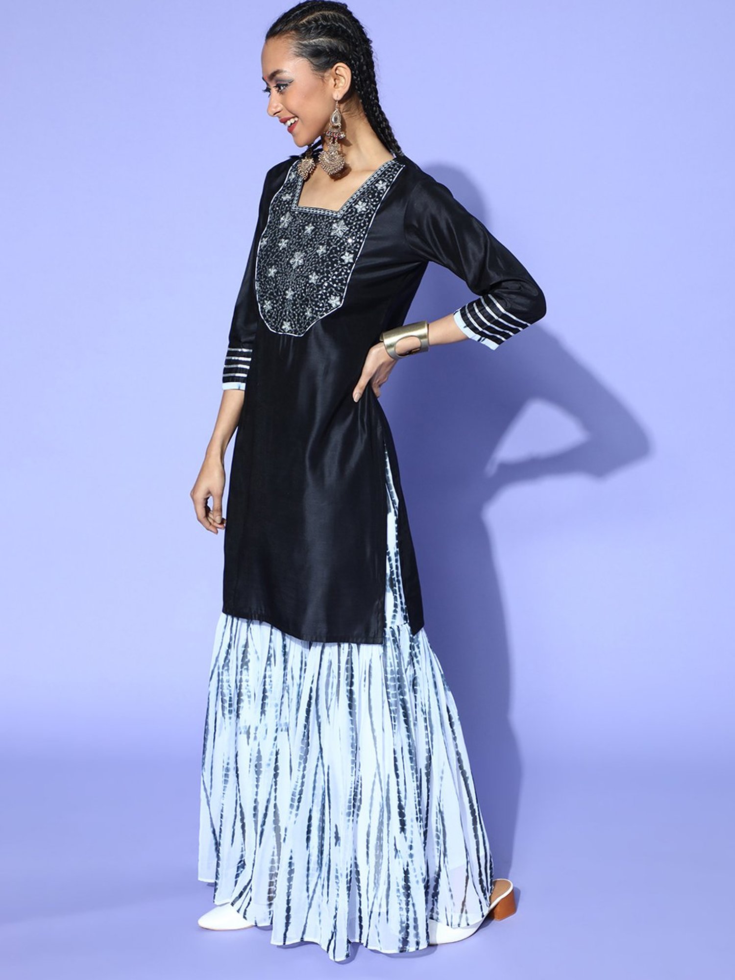 Indo Era Black & Blue Embellished Kurta Palazzo Set With Dupatta